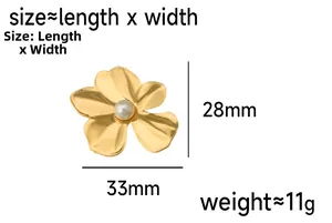 Detailed view of golden flower earrings with pearl, showing dimensions 33mm by 28mm