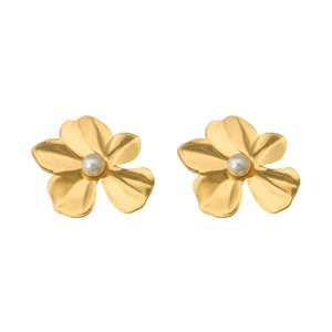 Golden flower earrings with white pearl center and elegant crinkled metal petal design