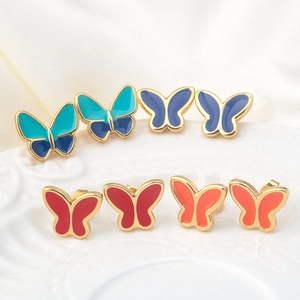 Pendientes de Botón de Mariposa de Acero Inoxidable para Mujer Chapados en Oro Esmaltados Coloridos Joyería Diaria