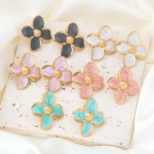 Fashionable Stainless Steel Flower Stud Earrings For Women Elegant Enamel Drip Four Petal Floral Earrings Daily Jewelry