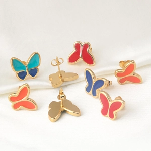 Pendientes de mariposa en esmalte colorido de acero inoxidable dorado para mujer