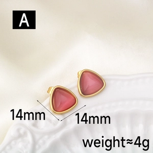 Detail view of 14mm pink catseye triangle earrings in gold plating and measurements