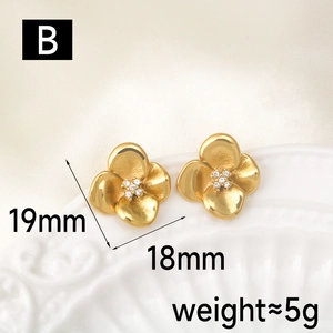 Macro view of gold flower earrings with pearls and size specs: 19mm by 18mm