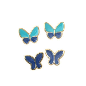 Set de dos pares de pendientes de mariposa en acero dorado con esmalte azul y verde