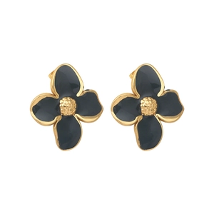 Minimalist flower-shaped earrings in gold-toned stainless steel with black enamel finish