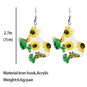 Detail der Texas-Karte Acryl-Ohrringe mit Sonnenblumen-Kaktus-Druck und 7 cm Größe