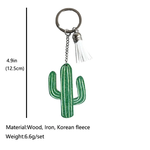 Western wooden cactus keychain with white tassel and green cactus charm pendant