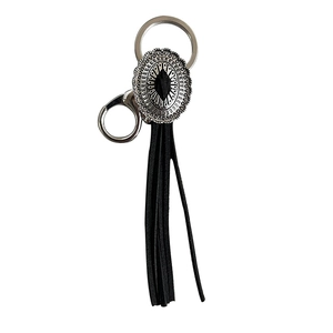 Retro Western cowboy tassel keychain with vintage carved metal and black suede fringe