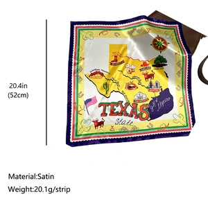 Satin 52cm square scarf featuring a colorful Texas map print and Western USA elements