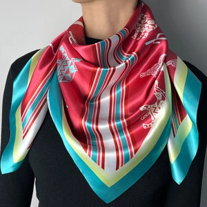 Silky fashion square scarf with colorful stripes and giraffe animal totem patterns