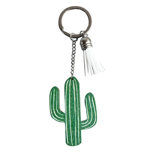 Western style wooden cactus keychain with white tassel and silver ring on white background