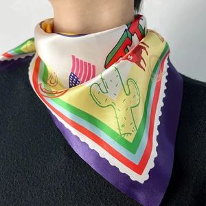 Satin neckerchief with Texas cowboy print including flags, cacti and horses on purple border