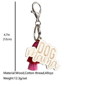 Porte-clés Dog Mama en bois gravé avec pompon rose et rouge, cadeau de fête des mères