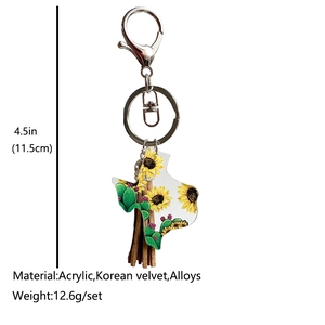 Acrylic Texas keychain with sunflower cactus design and brown velvet tassel pendant