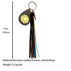 Crazy horse leather sunflower tassel keychain with teardrop shape pendant and metal ring