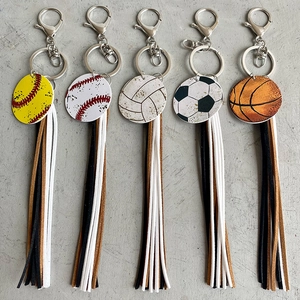 Vintage Sports Ball Keychain With Tassel Baseball Basketball Soccer Volleyball PU Leather Alloy Key Ring Backpack Pendant