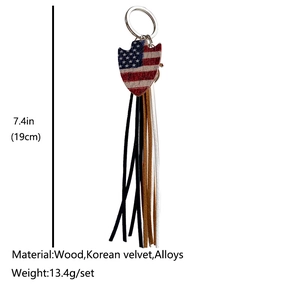 American flag wooden shield keychain with vintage leather tassels and alloy clasp