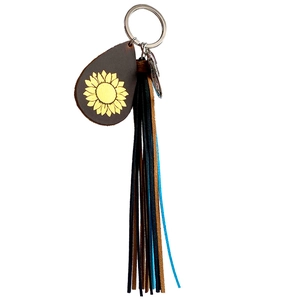 Crazy horse leather keychain with gold sunflower stamp and colorful leather tassels
