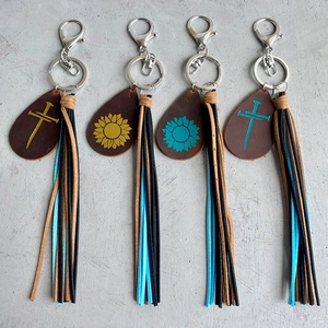 Genuine Leather Sunflower Cross Tassel Keychain Vintage Bronzing Bag Pendant Handmade Ethnic Style Key Ring For Women Men