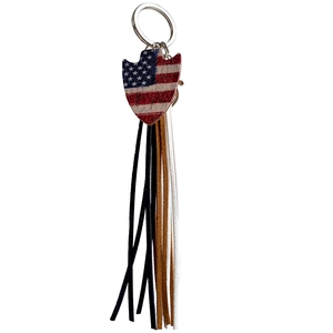 American flag shield keychain with tri-color leather tassels and silver metal ring