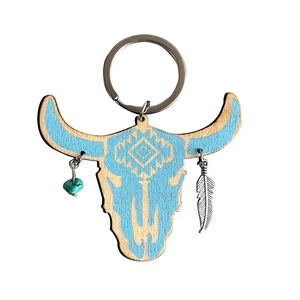 Western longhorn bull keychain with turquoise stone, silver feather and tribal wood pattern