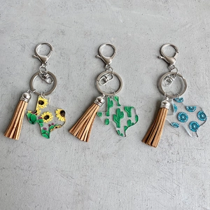 Texas Map Shape Acrylic Keychain With Tassel Sunflower Cactus Printed Alloy Key Ring For Women Men Creative Accessory