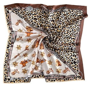 Foulard Carré En Satin Imprimé Léopard Cowboy Vintage Bottes De Western Chapeau Motif Étoile De Shérif Châle Pour Femmes