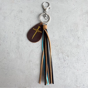 Vintage crazy horse leather keychain with sun flower cross and colorful fringe tassel