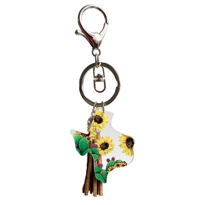 Texas state map acrylic keychain featuring sunflower cactus design and brown suede tassel