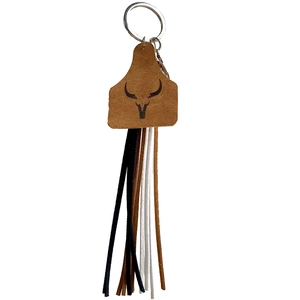 Porte-clés en cuir tête de taureau aztèque cowboy avec glands à franges