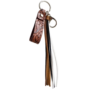 Vintage brown embossed leather keychain with colorful long tassels and metal ring pendant