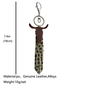 Western style faux leather keychain with cow head charm and long leopard print tassel