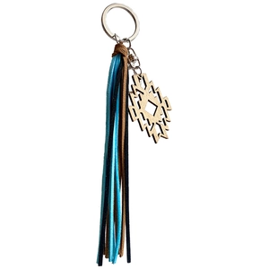 Porte-clés aztèque en bois fer à cheval avec franges en cuir vintage et pendentif