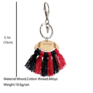 American football wooden keychain with red and black cotton fringe tassels and alloy ring
