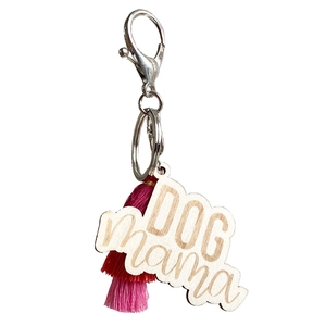 Porte-clés en bois Dog Mama avec pompons rouges et roses, cadeau de fête des mères