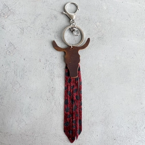 Bohemian crazy horse leather bull head keychain with leopard print tassels and metal ring