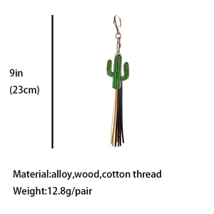 Western style wooden cactus keychain pendant with colorful cotton tassels and alloy accents