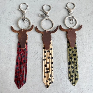 Western Bull Head Leopard Print Leather Tassel Keychain For Women Boho Vintage Bag Charm Key Ring Accessory