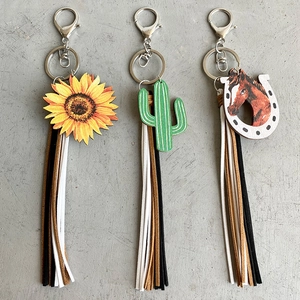 Bohemian Western Cowboy Tassel Keychain Sunflower Cactus Horseshoe Alloy Wood PU Leather Bag Pendant Charm Mother's Day Gift