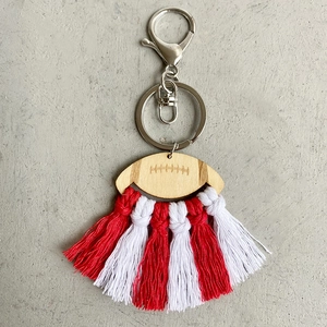 Handmade rugby wooden charm keychain with red and white tassel and metal clasp