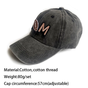 Distressed grey cotton baseball cap with MOM embroidery and rugby ball graphic design