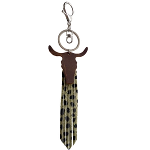 Western style bull head keychain with leopard print tassel and crazy horse leather