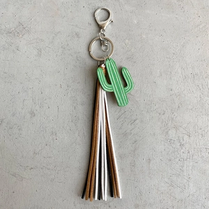 Western cactus keychain with three-color suede tassels and silver lobster clasp