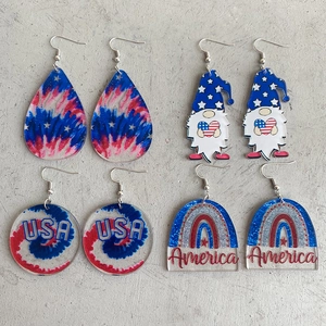 Independence Day Patriotic Acrylic Dangle Earrings Red White Blue Star Stripe USA America Gnome Teardrop Jewelry For Women