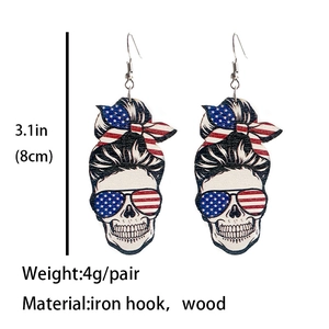 Skull with US flag headband and sunglasses wooden earrings for Independence Day