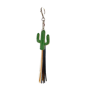 Western style green cactus keychain with colorful tassels and silver lobster clasp accessory