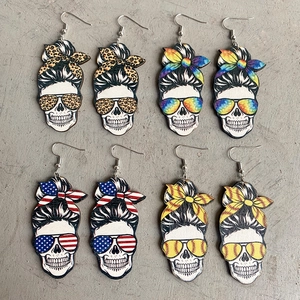 Messy Bun Skull Wood Dangle Earrings For Women US Flag Leopard Rainbow Baseball Patriotic Independence Day Jewelry Gift