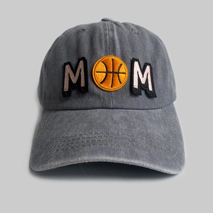 Washed dark gray baseball cap featuring MOM embroidery with a yellow basketball graphic