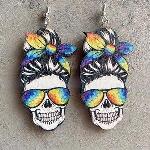 Skeleton wood earrings with rainbow bow and sunglasses for July 4th and baseball theme