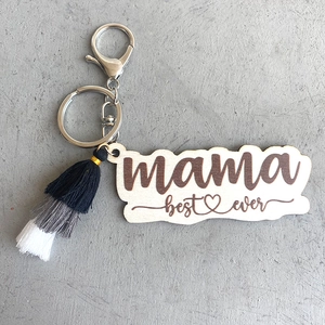 Handcrafted wooden Best Mama Ever keychain with colorful tassel and metal lobster clasp